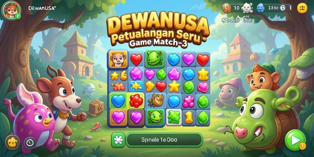 Tampilan gameplay seru DEWANUSA dengan berbagai batu permata yang berwarna-warni.