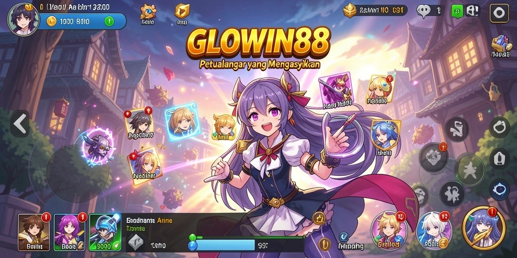 Screenshot gameplay GLOWIN88 yang menampilkan karakter anime yang dinamis.