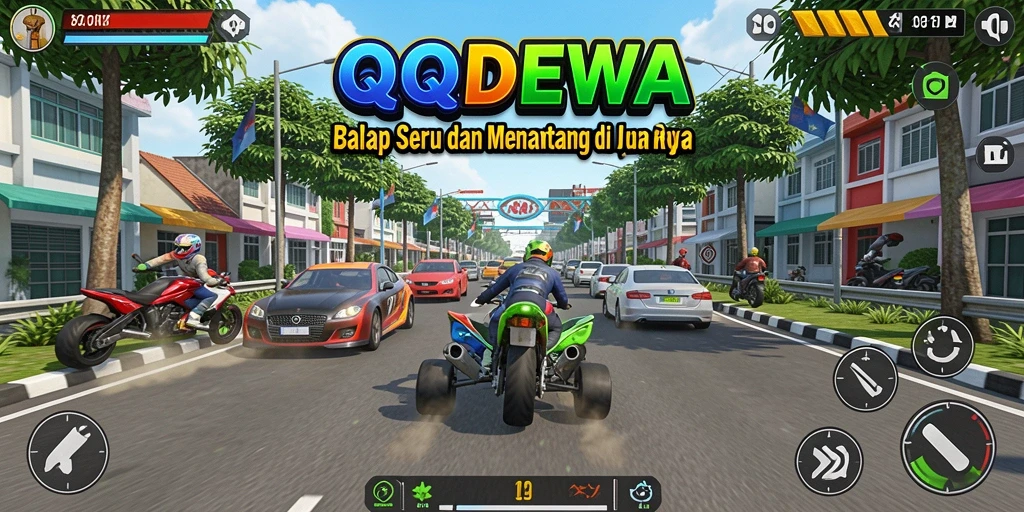 Gameplay seru QQDEWA dengan mobil balap di trek yang menantang.