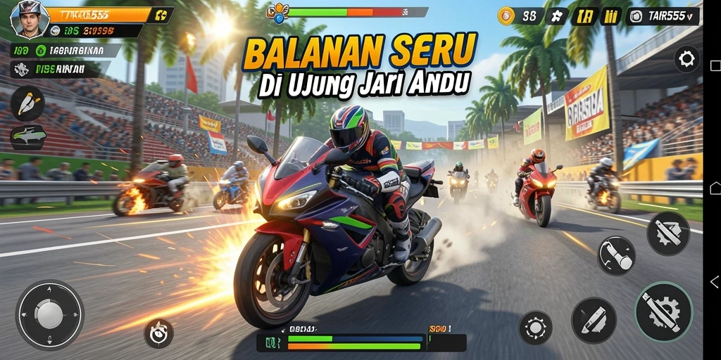 Tampilan utama TAR555 menampilkan aksi balapan motor yang intens.