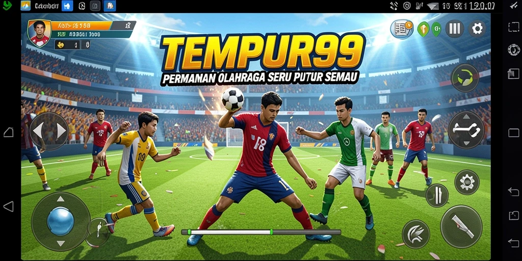 Tangkapan layar TEMPUR99 menampilkan aksi permainan olahraga yang mendebarkan.